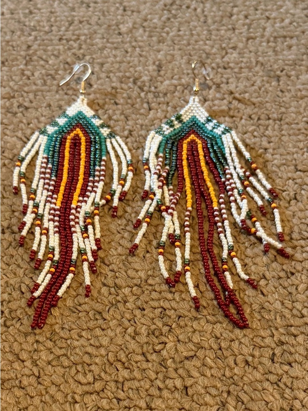 Handmade Beaded Fringe Earrings in Burgundy, Green & White